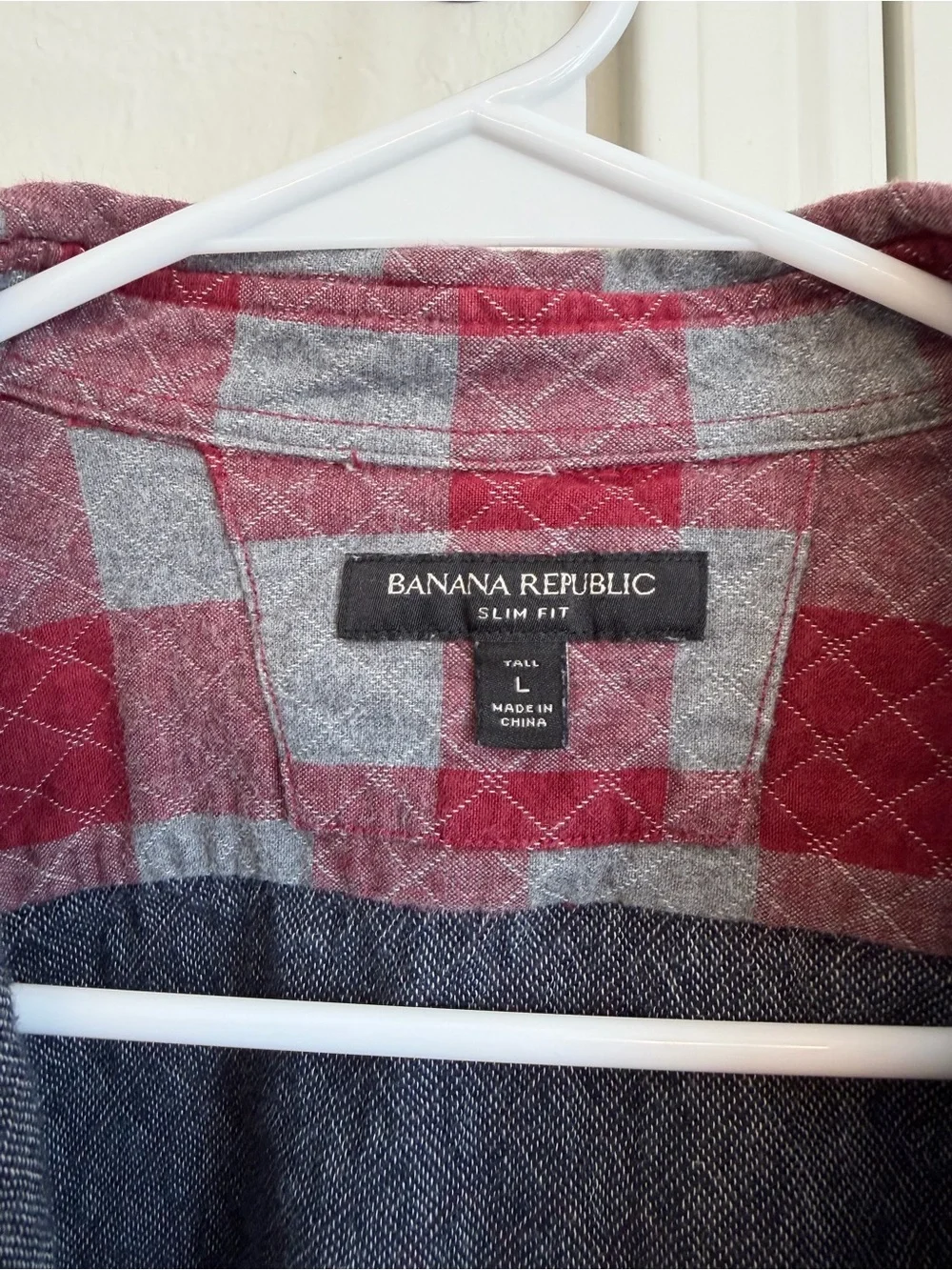 Banana Republic Quilted Red & Gray Plaid Long-Sleeve Shirt Large Tall Slim Fit